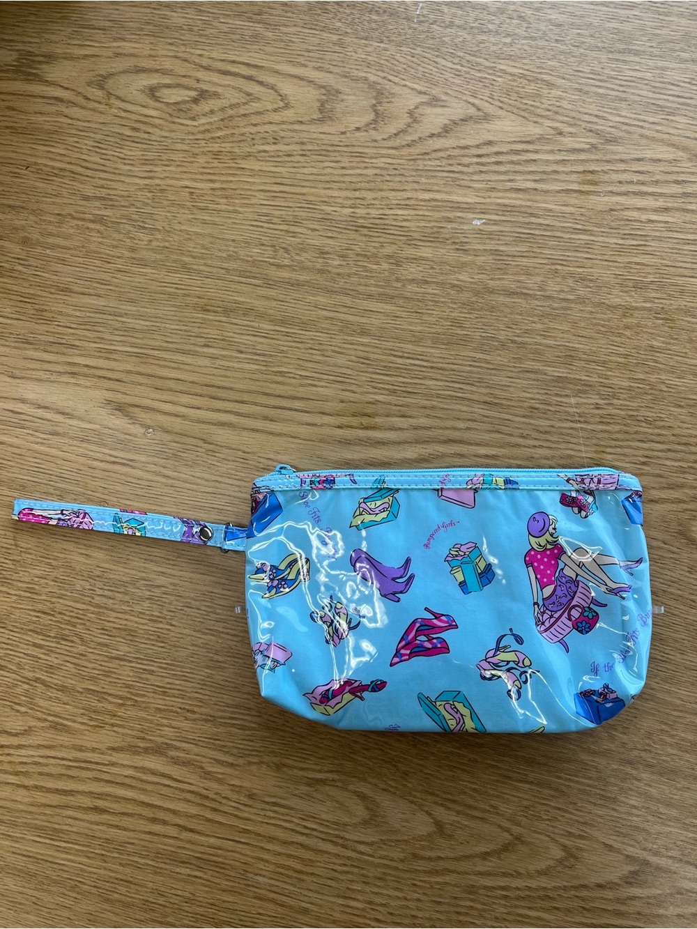 Pampered Girls Blue Cosmetic Wristlet with Fun Shoe & Gift Print